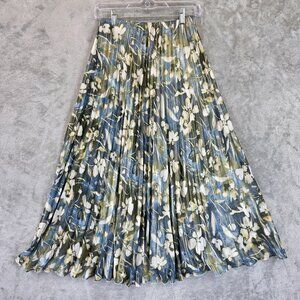 ZARA Skirt Womens Extra Small Blue Green Floral Pleated Midi Accordion A-Line